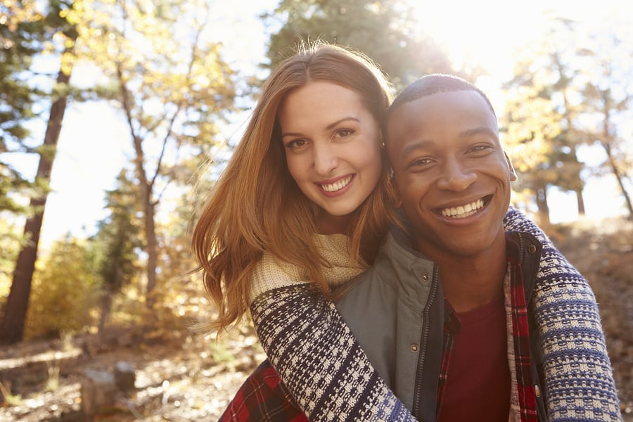 cute couple hiking on fun spring day