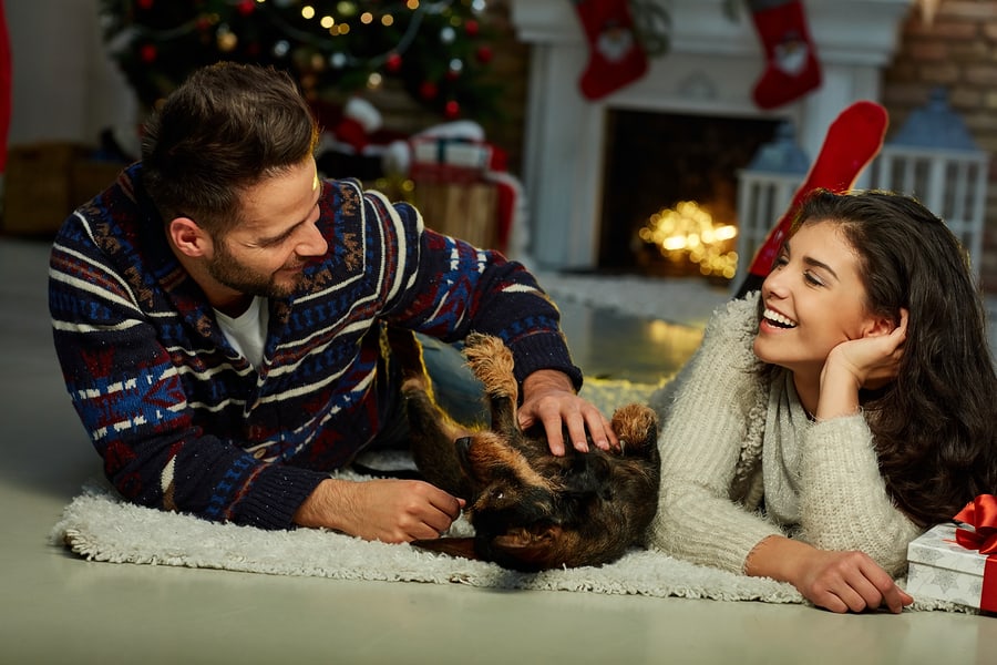 Christmas couple at home in Winter. Happy young couple lying on