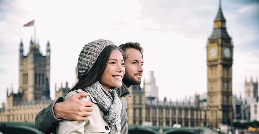 Happy couple by Big Ben Parliament, River Thames, London. Romant